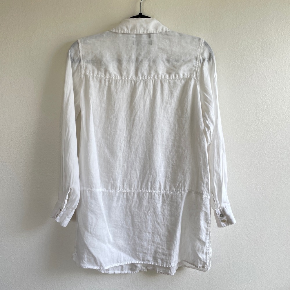 Tahari Tunic Women Small White 100% Linen Longline Button Down Shirt Roll Tab - Picture 6 of 9